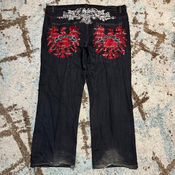 Attitude Gold Baggy Wide Leg Eagle Embroidered Jeans Size 48x33 Y2K - Picture 1 of 10
